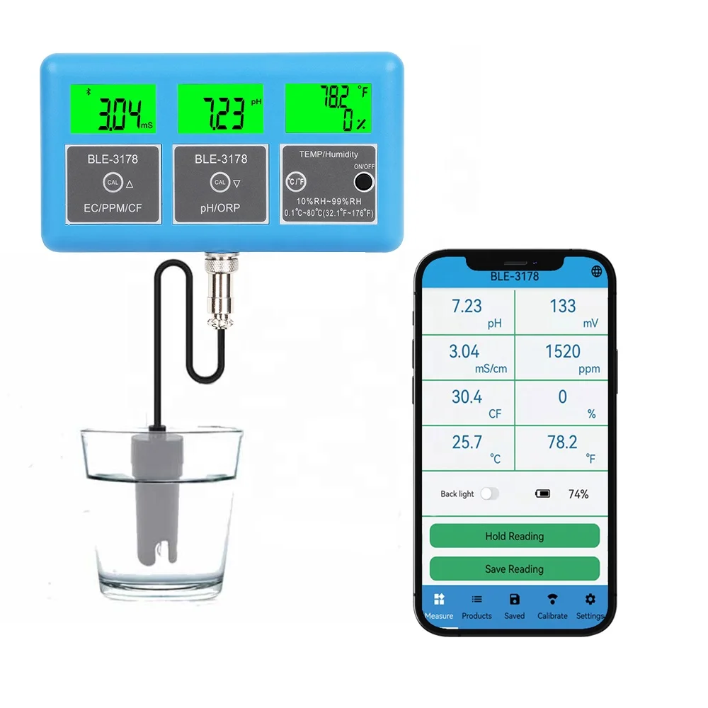 7 in 1 Yinmik Bluetooth Digital Aquarium pH Tester Temperature EC TDS CF ORP Humidity Water Quality Tester Online Meter Monitor
