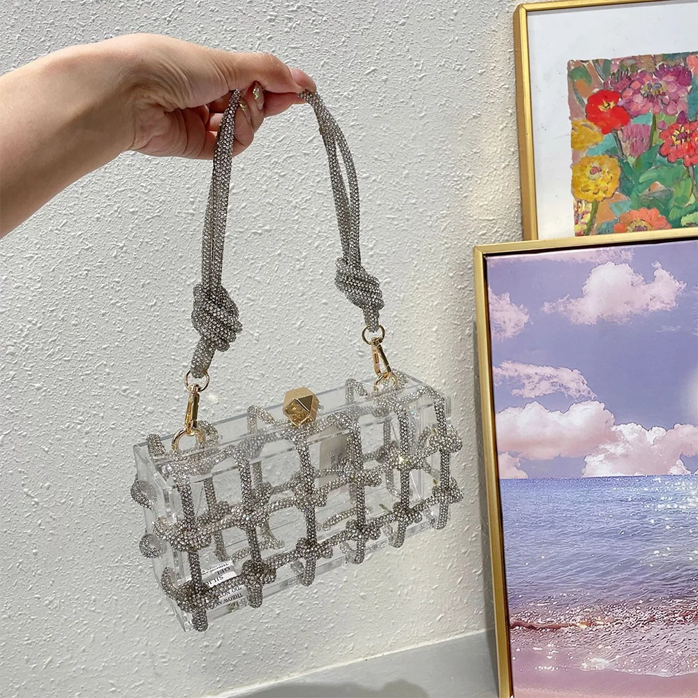 Acrylic Clear Box Bag Chevron Pattern Evening Bag Womens Chain