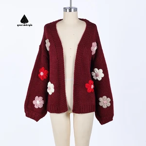 Custom Designer Flower Handmade Chunky Knit Cardigan Sweater Women Knitwear Hand Knitted Floral Women Sweaters Cardigans