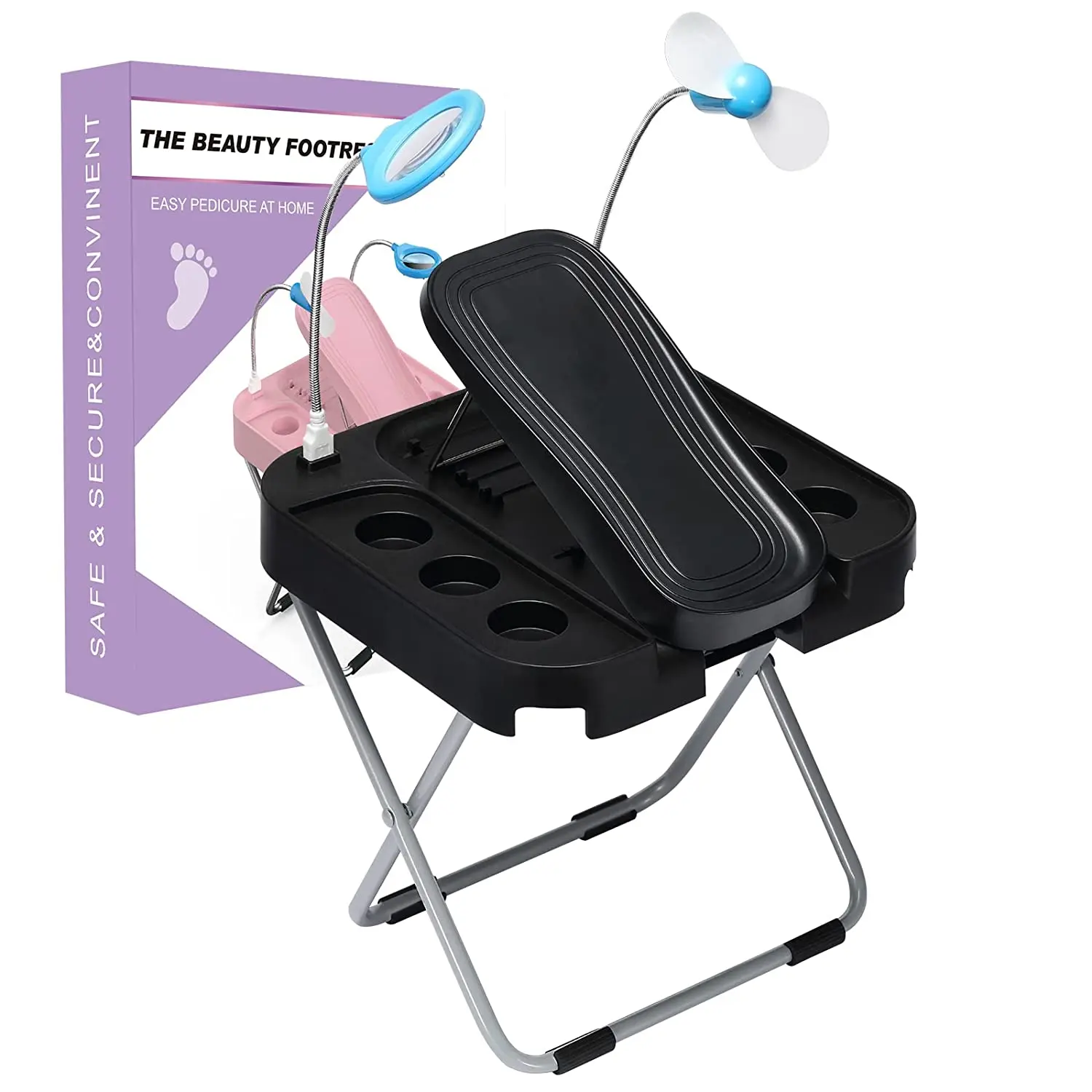 The Beauty Footrest for Easy At-Home Pedicures, No More Bending With LED Magnifier Fan Non-Slip Sturdy Legs & Built-in Storage