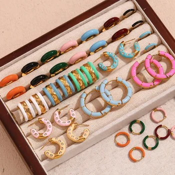 Colorful Enamel Earrings Set Spring 2024 Fashion Gold Plated Earrings Set Stainless Steel Jewelry