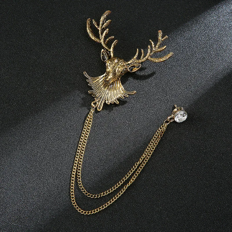 Vintage Lapel Pin Sheep Head Chain Brooch Crystal Mens Brooches Pins