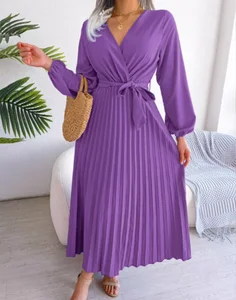 Europe's  Women's Elegant Casual Long Sleeve Cross V-Neck Pleated Maxi Dress Sweet Style with Waist Strap-Solid Color
