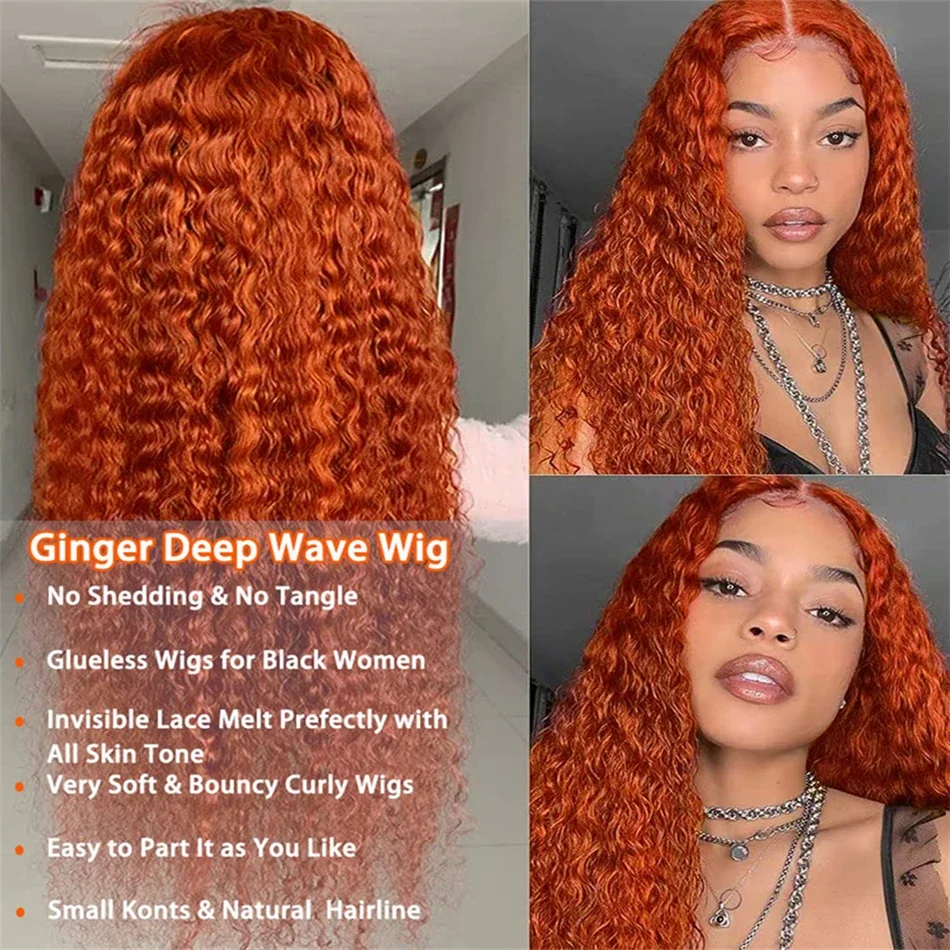 Perruque frontale en dentelle ondulée profonde orange gingembre perruques de cheveux humains en dentelle frontale transparente HD cheveux bouclés colorés_voghion.com