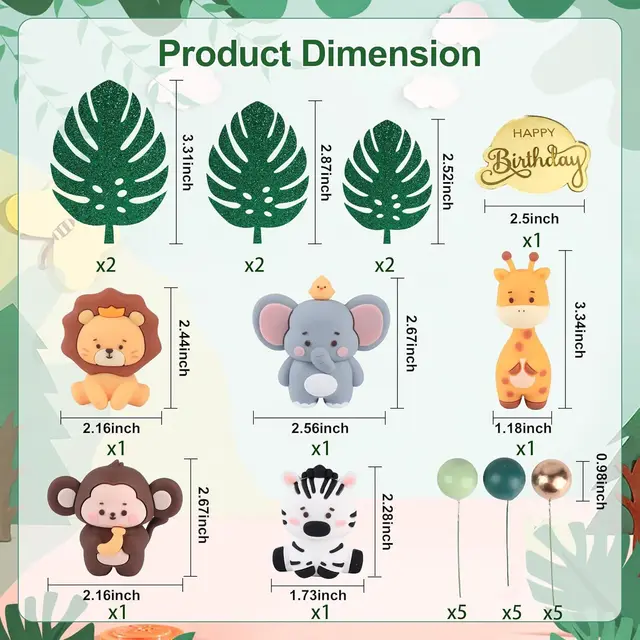 27 Pieces of Wild Animal Cake Decorations, Clam Leaf-shaped Cake Decorations Happy Birthday Cake Topper