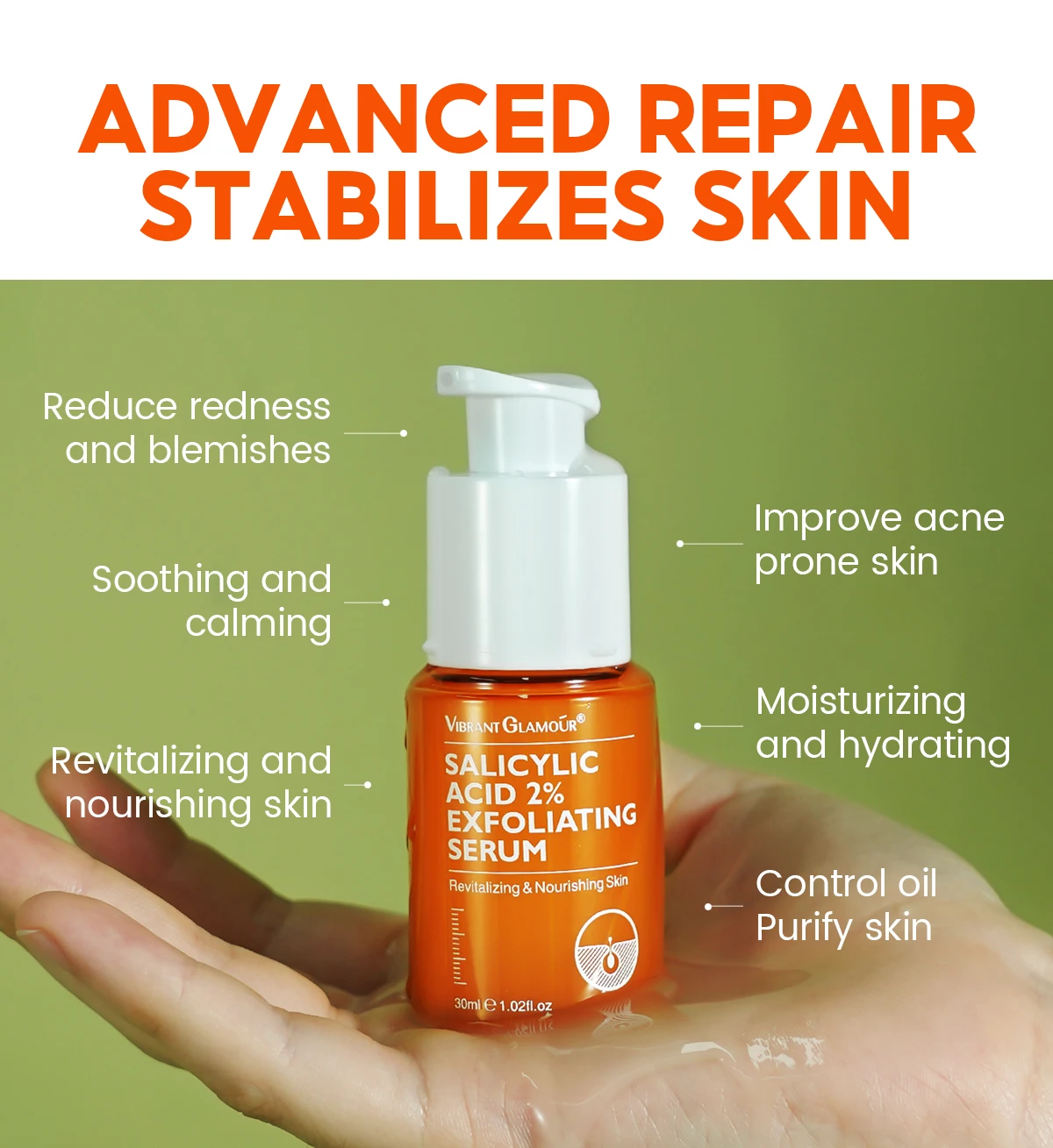 Vibrant Glamour 1% Salicylic Acid Skin Care Serum Anti-Acne Oil Control Exfoliating Toner for Adults
