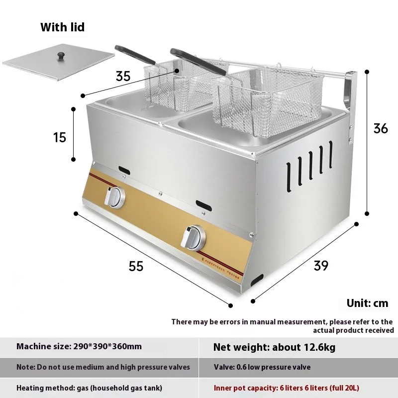 Gas Fryer 12L Double Cylinder Gas Fryer Chicken Chips Fryer Tank Stainless Steel GC Provided Energy Saving Burner