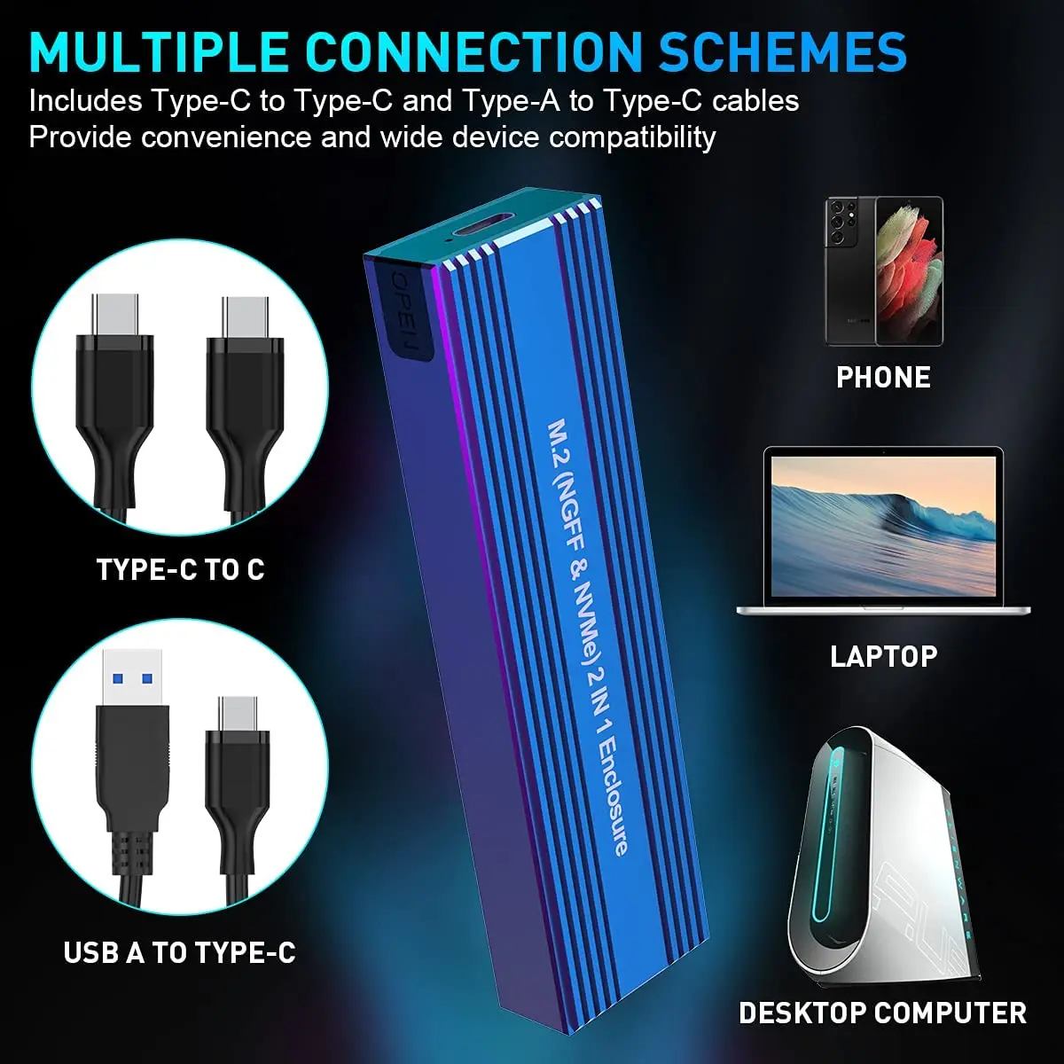 Aluminum Portable USB3.1 Type C GEN 2 M2 Enclosure NVME PCIE SATA NGFF Case SSD Adapter Solid State Drive Housing