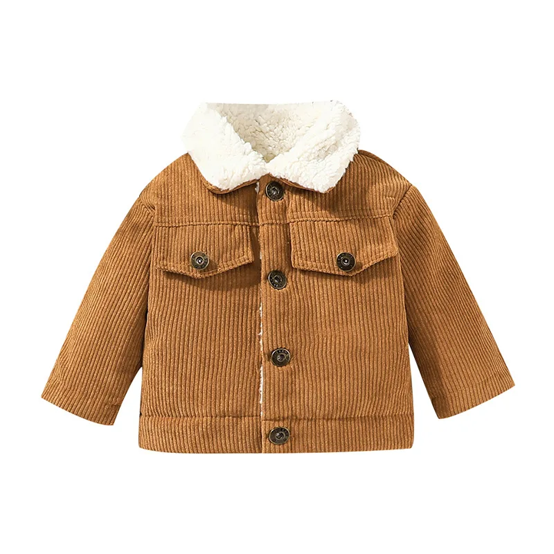 Q30812 plain fleece Baby Flap Detail Thermal Lined Corduroy Jacket Button Down Plush Children Coat Infant toddler