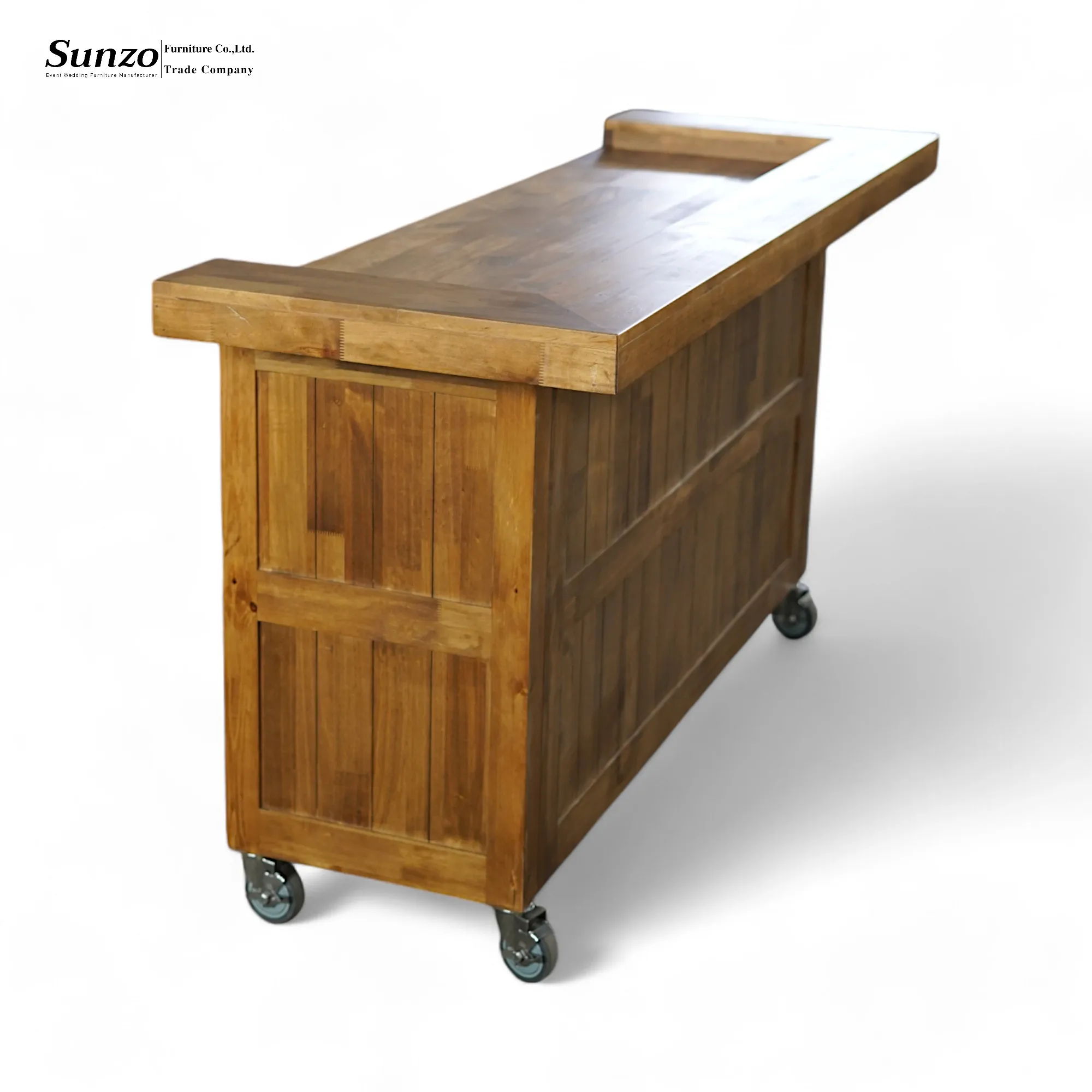 Customized Contemporary Pine Wood Bar Counter Table Wheels for Hotel Cafe Restaurant Outdoor Dining Home Bar Interior Display