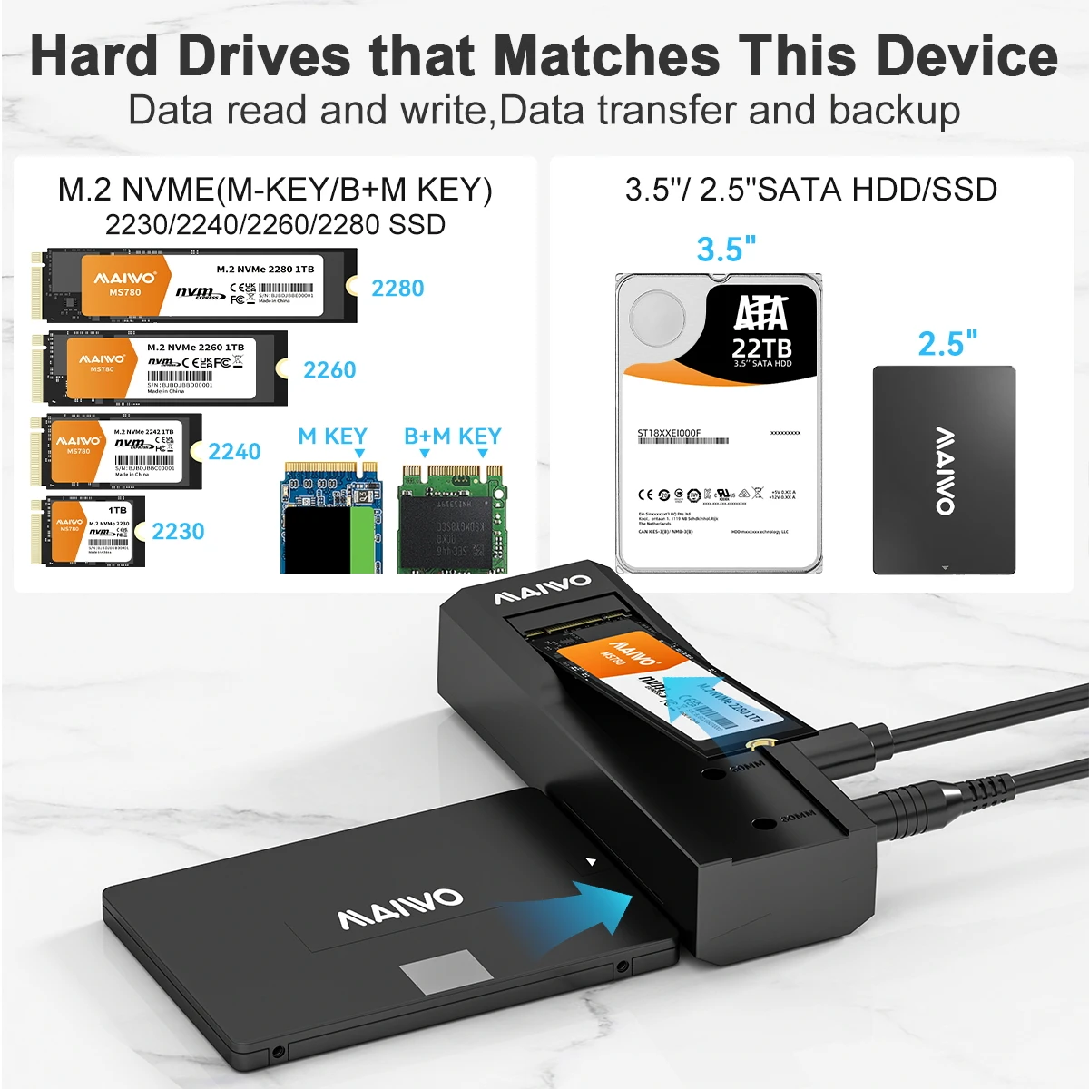 Dual Bay External Nvme and SATA M2 SSD Cloner USB-C 10gbps
