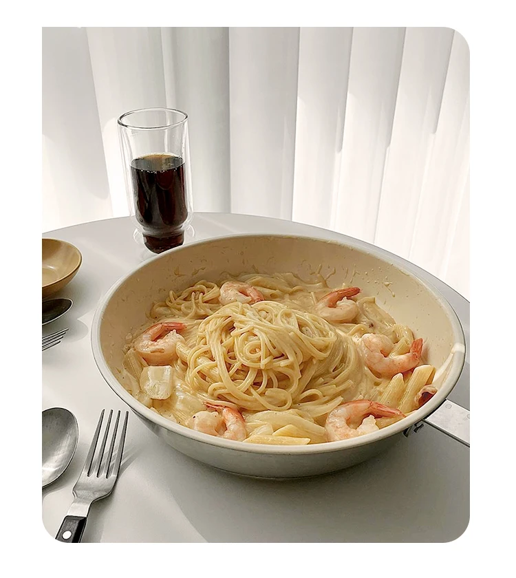 Custom Modern Kitchen Cream Three Layer Bottom Ceramic Glaze Paint Non Stick Stainless Steel 304 Frying Skillet Pan with Lid