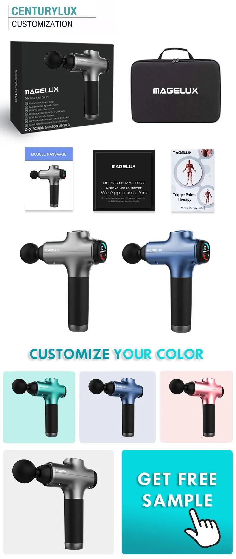 2023 Blue Case Electric 24v Pro Handheld Deep Tissue Muscle 16mm