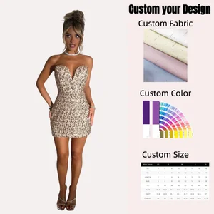 Wholesale Gold Sequin Mini Dress with Plunge Sweetheart Neckline and Self-Tie Bow Detail Party Evening Gown for Women