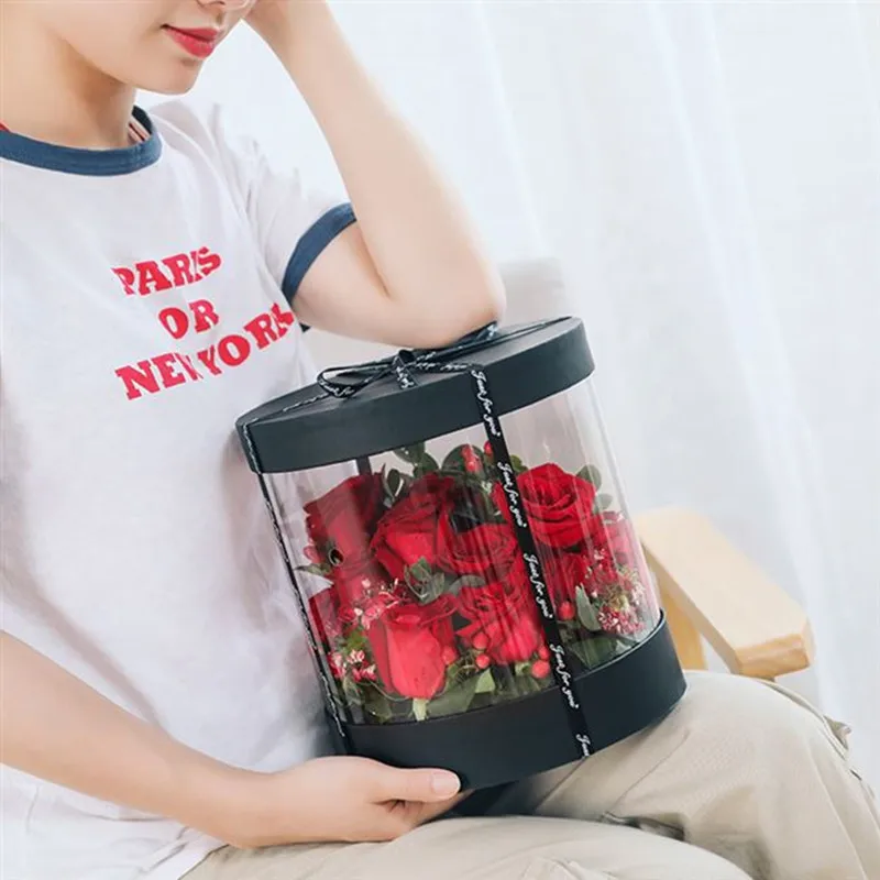 Factory Custom Transparent Paper Strawberry clear Flower Packaging Paper Round Rose Box Round Gift Boxes for Flower