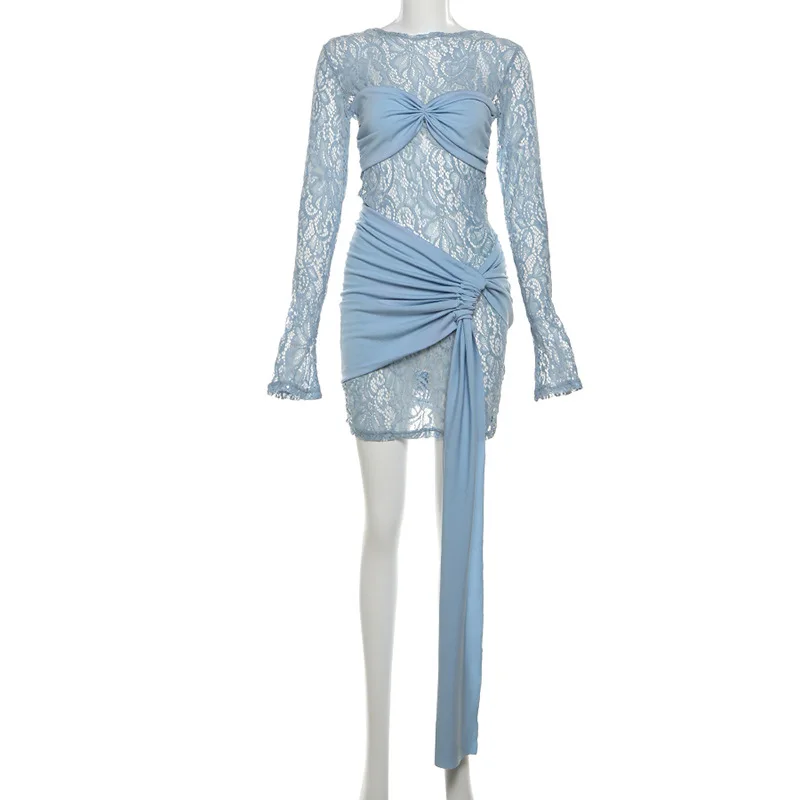 2025 New Arrivals Fall Fashion Dress Lace Satin Sash Long Sleeve Slim Fit  Resort Mini Casual Dresses for Women