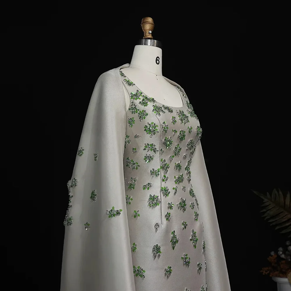 Chic Sage Green Satin 3D Floral Beaded Arabic Evening Dress