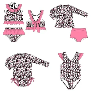 LIQIAO Custom Kids Leopard Print Swimwear Set Ruffled Bikini & Long-Sleeve Swimsuit Children Bathing Suit OEM Low MOQ