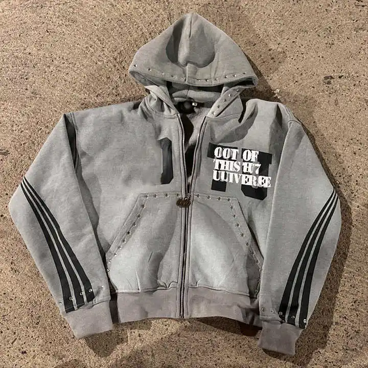 Salati Custom Screen Print Rhinestone Tracksuits Men Zipper Acid Wash Vintage Hoodie Track Sweatpants and Hoodie Set for Men gallery 4