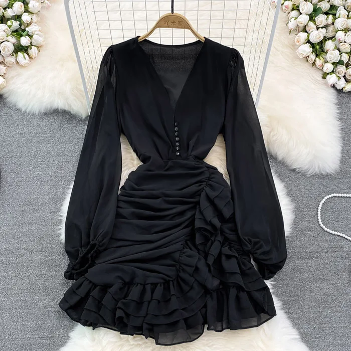 【CHICLINE 】RASAEM CHULIK DRESS★韓国発 YM220 - New 2023 Korean Chic Irregular Length Ruffles Dress