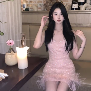 New Fashion Tassel Sequin Feather Stitching Sparkling Dress Halter Skirt Sexy Deep V Summer Women Sleeveless Dress