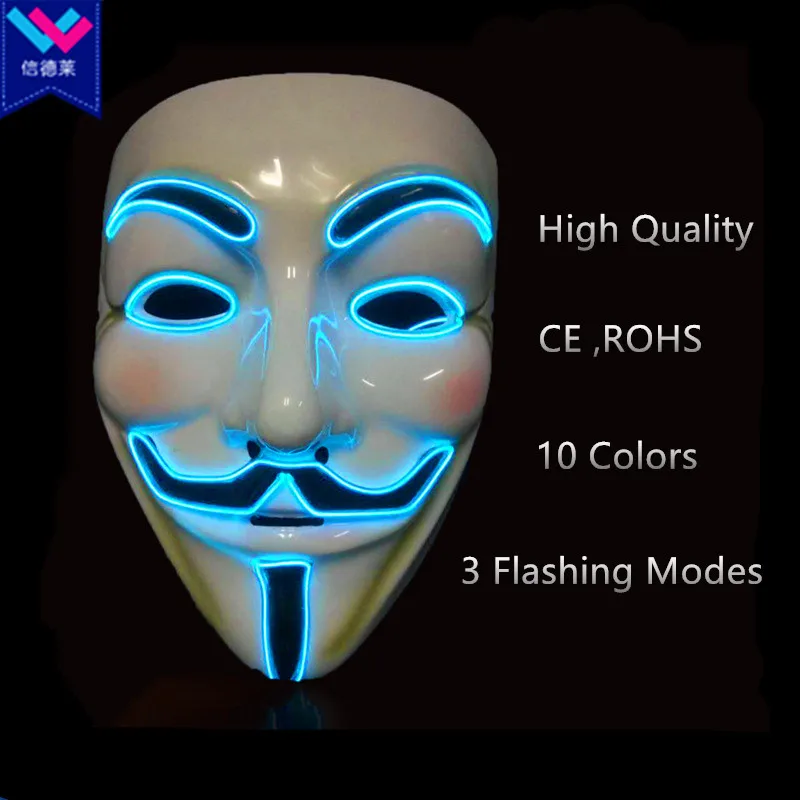 Halloween Vendetta EL Mask 10 Colors PVC Neon Glow Masks for Festival Carnival Dance Night Party Decoration