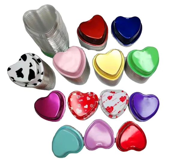 Bakeware Tools 100ML Valentine Aluminum Foil Cake Pan Heart Shaped Cupcake Cup With Lids Mini Flan Baking Cups Lid