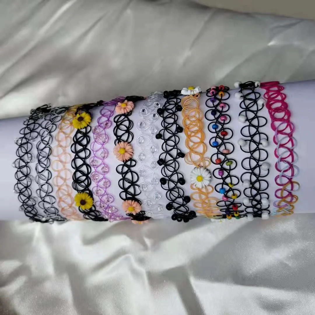 12 Pcs Elastic Chokers Necklaces Gothic Henna Tattoo Style