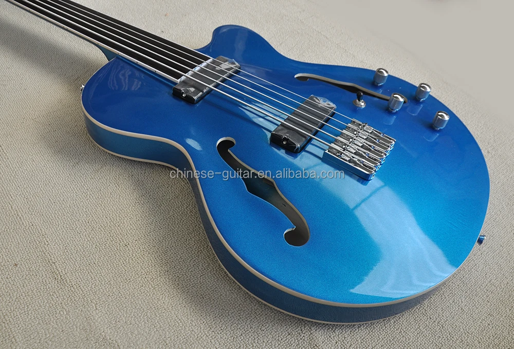 Flyoung Metal Blue 5 Strings Electric Bass Guitar Rosewood Bass Guitar Side Hole Body Bass