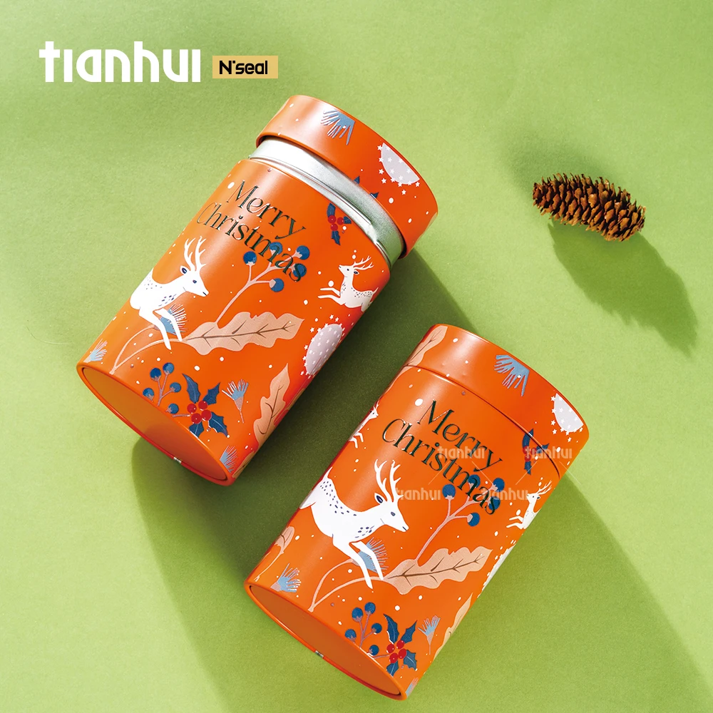 Kaleng Logam Tertutup Desain Perayaan Tianhui Grosir untuk Kemasan Hadiah Liburan Natal dengan Tutup Kedap Udara