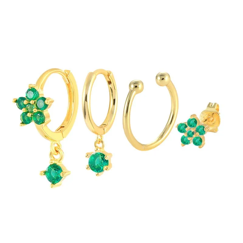 Flower 4 Pieces Set Multicolour Diamond Stud Hoop Drop Earrings Set Fashion 925 Sterling Silver Earrings Women