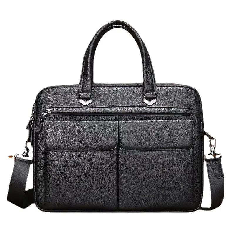 Cow Skin Cowhide Pebble Genuine Leather Computer Laptop Briefcases for Business Office Man Bag for Business Trip