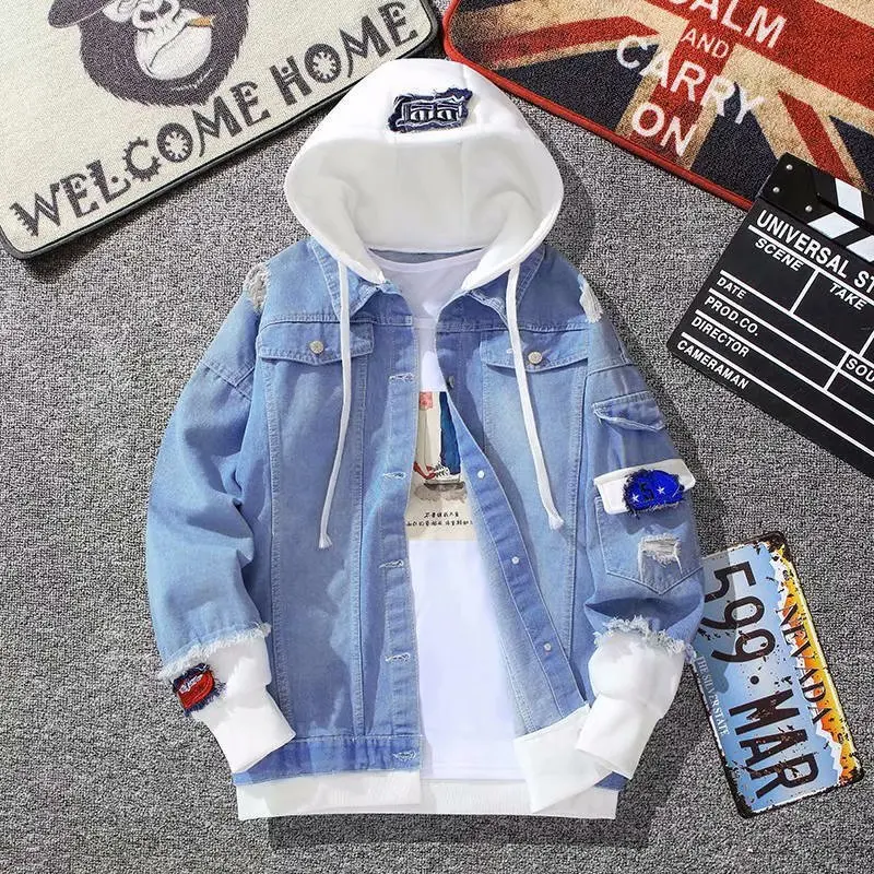 Wholesale High Quality Denim Hooded Jacket Loose Men's Coats Fashion Denim Jacket Men Hooded