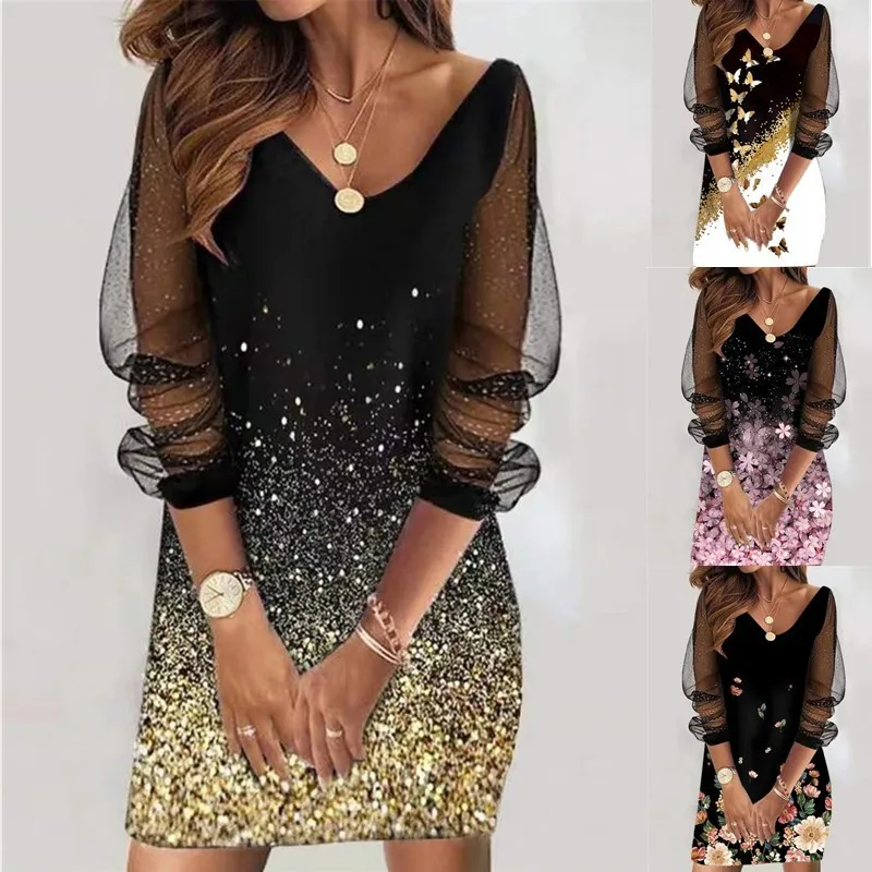 Luxury black sequin bodycon mini dress with sheer mesh patchwork, V-neck party outfit for women – CyberStreetOne