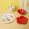Ensemble 3 pièces en céramique à motif floral rouge (1 bol + 2 assiettes)