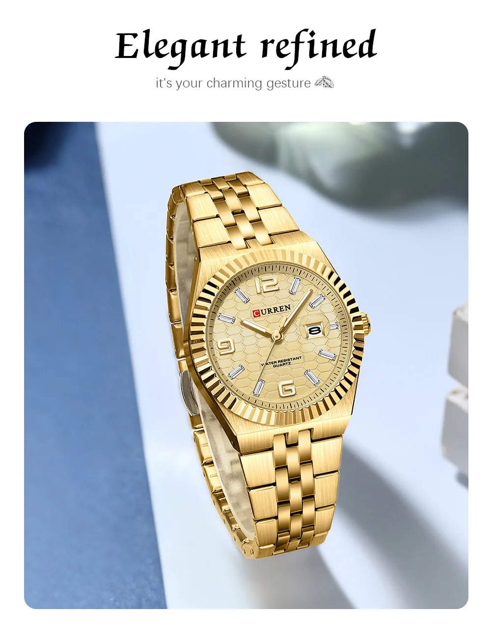 CURREN 8498 Women's Quartz Watches Stainless Steel Band Blue Dial Calendar Date Watch Ladies Water Resistant Luminous Wristwatch