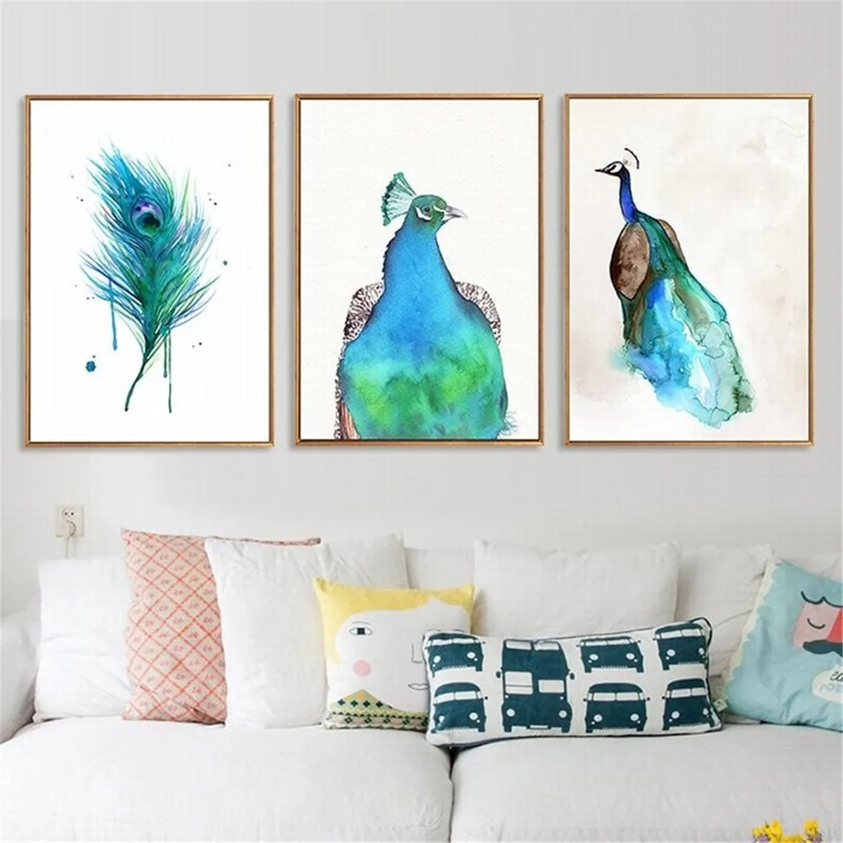 Blue Peacock Feather Modern Wall Art Painting Canvas Prints Poster No Frame 3pcs 