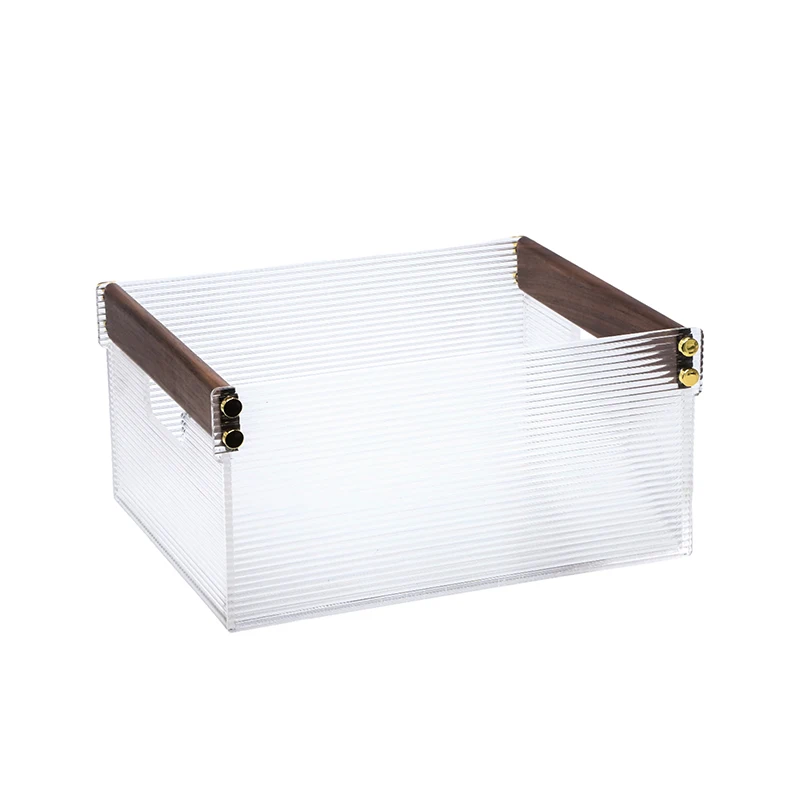 Clear Natural Wood Colour Storage Display Basket Organizer Display Acrylic Service Tray With Handle