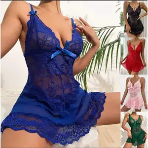 Women's Sexy Lace Temptation Satin Pajama Set Custom Logo Summer Sleepwear with Bow Strap Skirt Lingerie for Home or Night