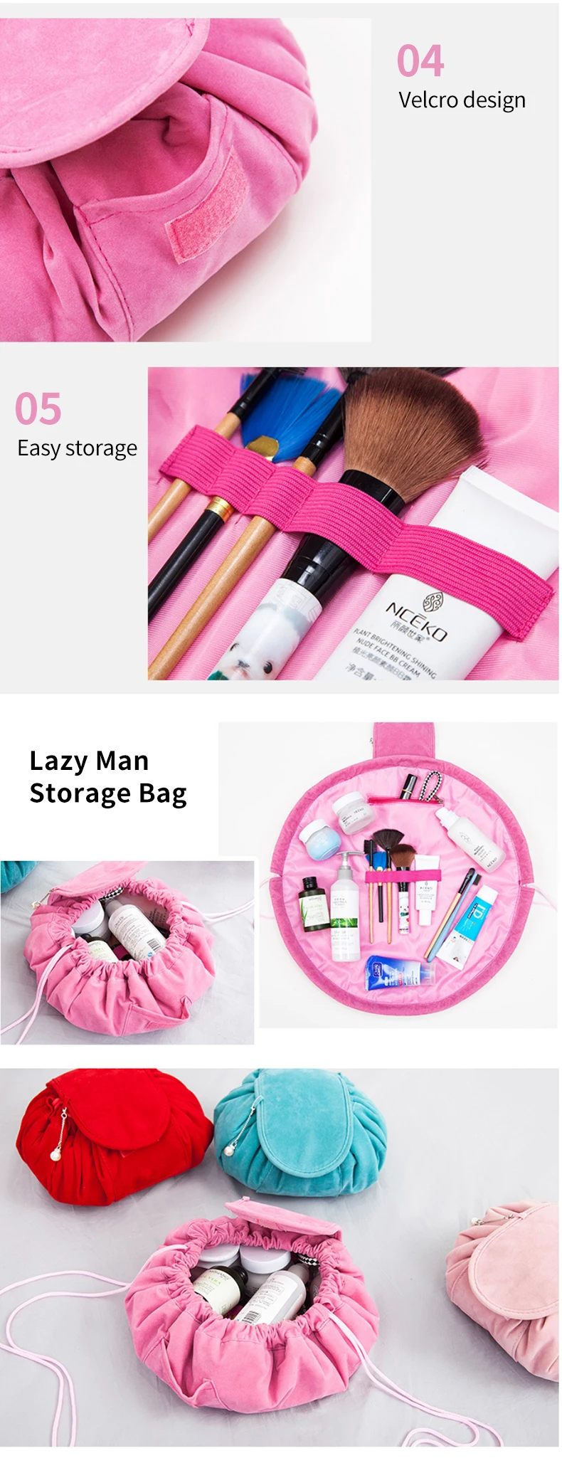 Customised Cosmetic Bag Large Capacity Flannel Lazy Make Up Pouches