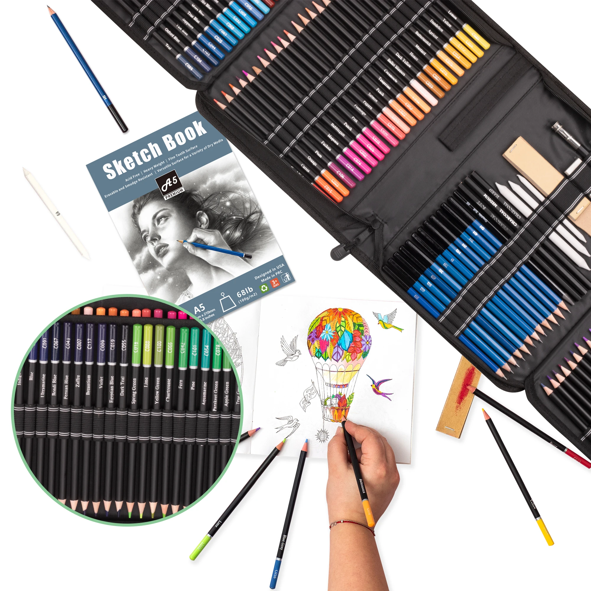 Professional 144 Colored Pencil Set in Nylon Case with 120 Color Pencils and Sketching and Drawing Accessories As Art Supplies