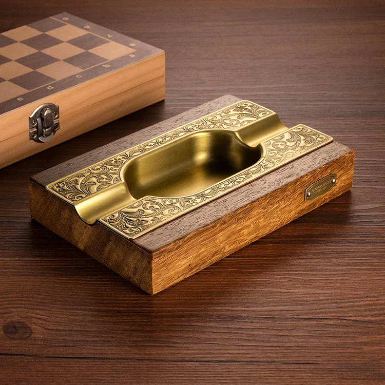 Personalized Cigar Ashtrays Hotel Bar Office Wooden and Metal Cigar Ashtray Custom Logo Luxury Cigar Ashtray
