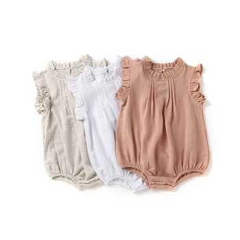 Solid linen cotton baby girls bubble romper sleeveless ruffle summer toddler infant girl clothes