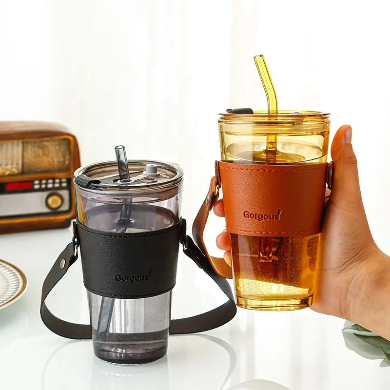 450ml Large White Gray Amber Color Double Drink Straight Cylinder Leather  Portable Straw Glass Coffee Mug with Lid Handle