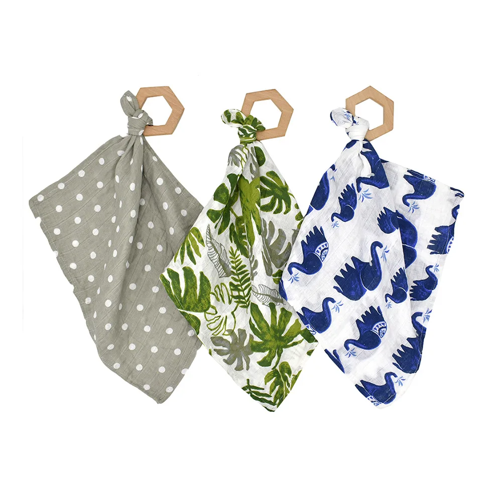 Игрушка для новорожденных, детское кольцо из Букового дерева, кольцо для прорезывания зубов, Детские зубные кольца, прорезыватели из чистого хлопка, слюнявчики