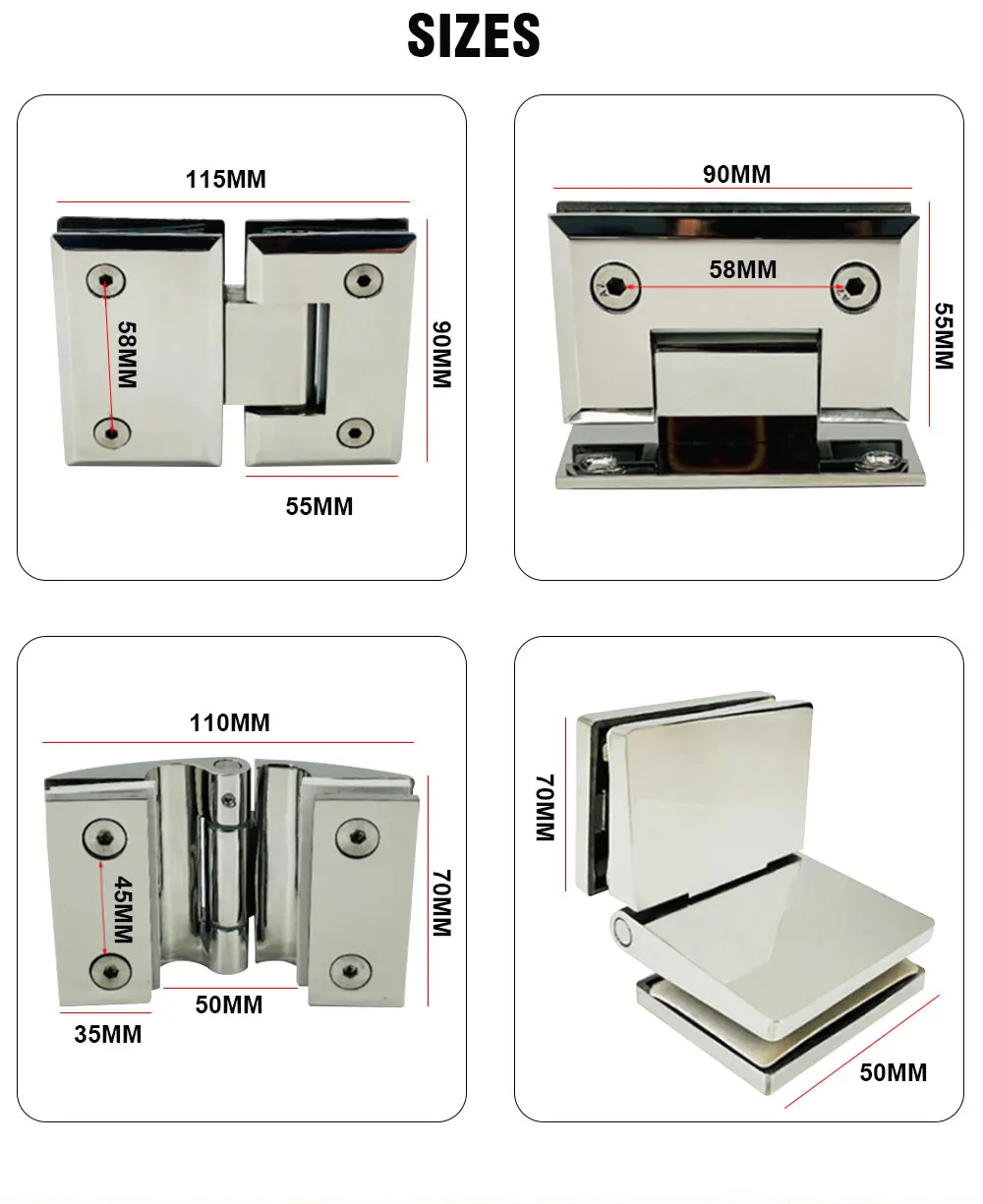 90 Degree Stainless Steel Glass Mount Shower Hinge Curved Glass Door