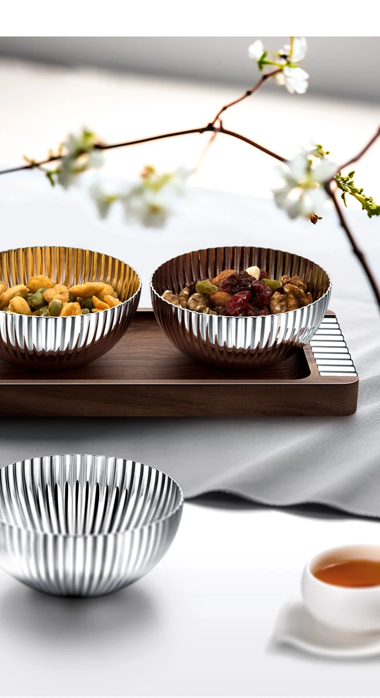 3 Pcs10cm Multipurpose Home Hotel Stainless Steel 304 Wooden Tray Dry Fruit Nut Serving Decorative Bowl Gift Set for Home Decor