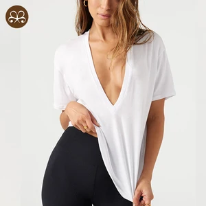 Customized Women Loose Fitting Workout Tops Short Sleeves V Neck Tee Solid Color Women's T-shirt