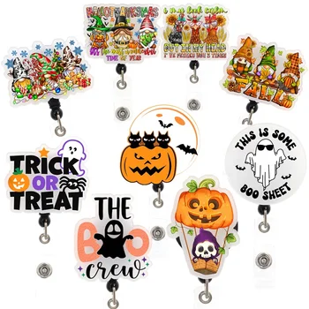 Wholesale Cute Acrylic Halloween Style Pumpkin Ghost Nurse Badge Reel For Nurse Accessories Badge Holder