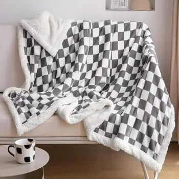 Sherpa Throw Blanket Fleece Blanket with Checkered Pattern Soft Thick Blanket for Couch Bed Sofa Luxurious Warm Cozy